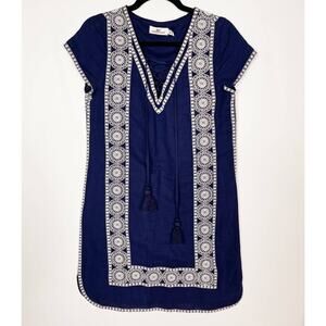 Vineyard Vines 2 Navy Blue White Lace Up Tunic Dress Cotton Linen Embroidered